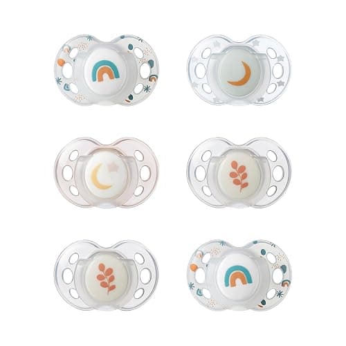 Tommee Tippee Night Time Pacifier, 18-36 Months, Symmetrical Silicone Baglet, BPA-Free Binkies, Glow in The Dark Technology, White Rainbow, Pack of 6 - Image 1