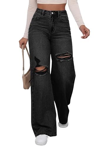 WDIRARA Women's High Waist Ripped Wide Leg Baggy Jeans Distressed Denim Pants - Image 1