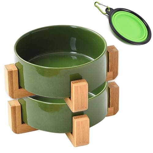 Petygooing Ceramic Dog Bowl Set with Stand, Cat & Dog Food and Water Bowls, Medium Size - Anti-Slip Set of 2 - 28 OZ /3.6 Cups - Rust Green - Image 1