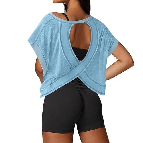UNIANKIYA Open Back Workout Tops for Women Loose Fit Athletic Crop Tee Short Sleeve Gym Running Yoga Shirt - Small - Mint Blue - Image 1