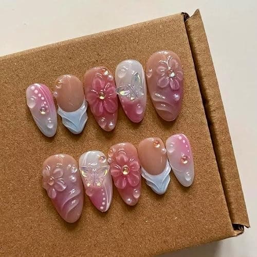 Small size Press On Nails - Luxury Almond 3D False Nails Women Reusable ABS Material Finger Printed Nail Tip French Salon Design-S size - Image 1
