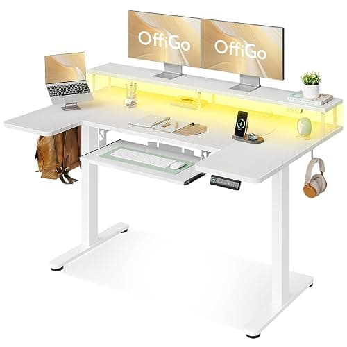 OffiGo U Shaped Electric Standing Desk with Keyboard Tray, 55 Inch Height Adjustable Desk with Power Outlets & LED Lights, Sit Stand Table with Monitor Stand for Home, Office, White - Image 1