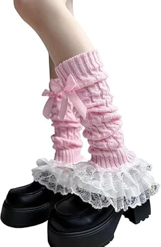 SQYZRZ Women's Knit Leg Warmers Y2K Knit Leg Warmers Lolita Bow Lace Trim Knee-High Leg Sleeve Socks - Image 1