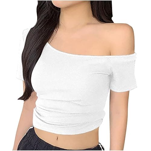 Off The Shoulder Tops for Women Trendy Summer 2025 Short Sleeve Shirts Going Out Crop Tops Y2K Cute Sexy Tee Shirts - Image 1