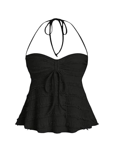 SOLY HUX Women's Peplum Halter Crop Tops Y2K Drawstring Tie Ruched Dressy Casual Spaghetti Strap Cami Top - Image 1