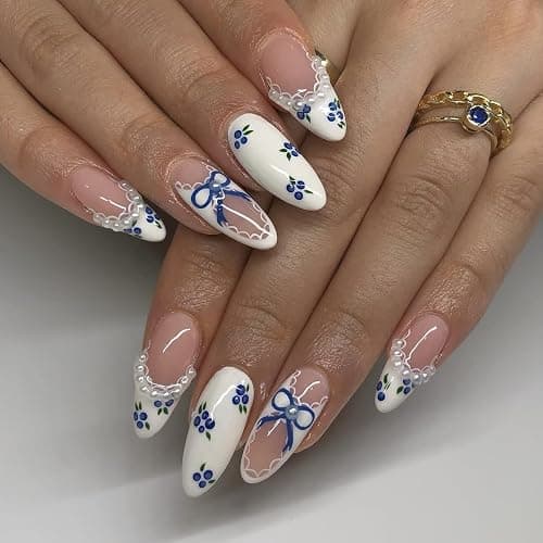 LPOODDNU Blue White Press on Nails Almond - Medium Blueberry Lace French Pearl Design Fake Nails, Glossy Finished Reusable False Nails with Adhesive Glue Tabs - 24Pcs Nail Kit for Women Manicure - Image 1
