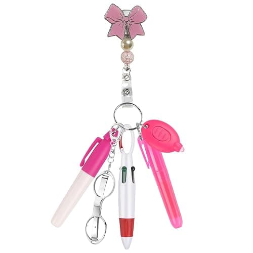 6 Pcs Nurse Badge Accessories Pen Pack Set Including Retractable Badge Reel Clip, Mini Highlighter, Permanent Marker, Ballpoint Pen, LED Keychain Flashlight, Folding Scissors for Nurse, Light Pink Bow - Image 1