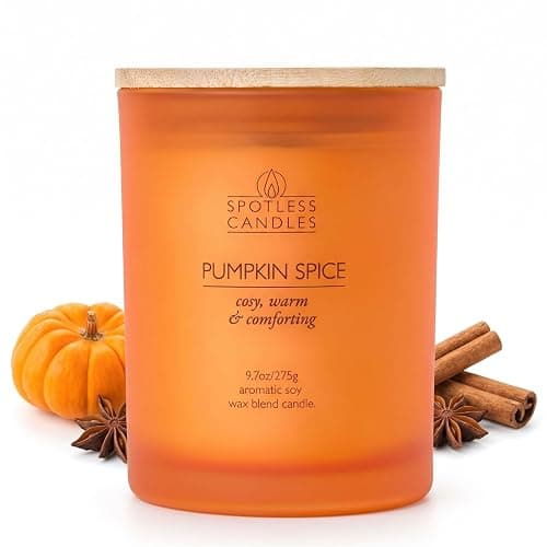 Pumpkin Spice Candle; 9.7 oz:, 55 Hrs Burn Time, Soy Wax Orange Frosted Jar with Crackling Wooden Wick & Luxury Gift Box: Pumpkin Spice Scented Candle by Spotless Candles - Image 1