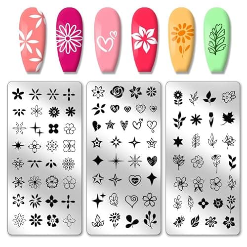 PH PandaHall 3pcs Flower Nail Stamper, Leaves Heart Nail Stamping Plate Star Nail Art Stencils Print Nail Stencils Stainless Steel Nail Image Plates for Nail Art Design Print Manicure Salon - Image 1
