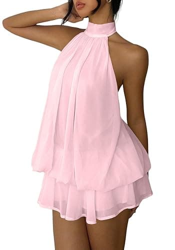 Fhykiss Women's Chiffon Halter Drop Waist Mini Dress Wedding Guest Dresses Ruffle Formal Club Holiday Brunch Outfits - Image 1