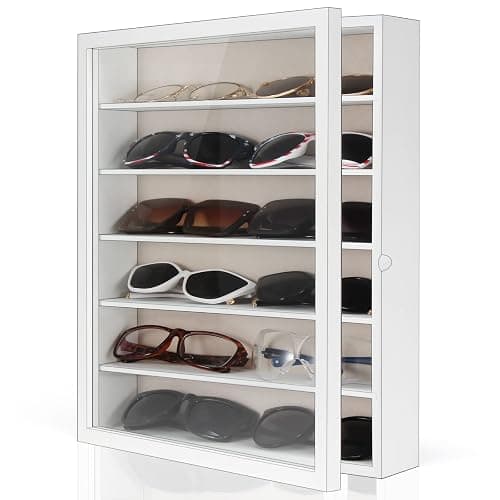 TJ.MOREE Sunglasses Organizer Storage Wall Mounted: 13 x 15.6 inches Eyewear Display Case Rustic Wood Eyeglasses Holder Large Glasses Storage Box,White - Image 1