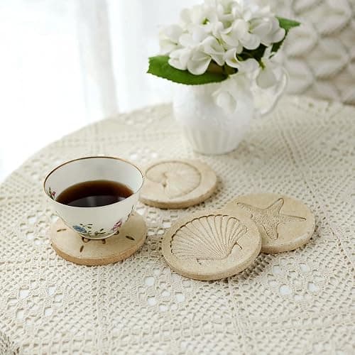 Beach Coasters for Drink Set of 4 Absorbent Nautical Outdoor Housewarming Gifts Marble Style Resin Coaster Cork Base Handmade Starfish Seashell Round Coasters Funny Ocean Sea Summer Theme, 4" x 4" - Image 1
