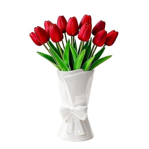 Relexome Fully Glazed White Ceramic Bow Vase 9.64 in Unique Cute Modern Decorative Bouquet Flower Vases for Home Living Room Table Summer Decor Women Gifts - Image 1