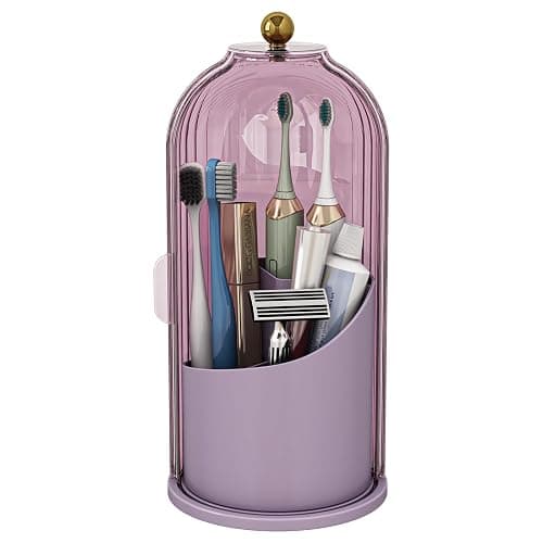 Zufudo Dustproof Toothbrush Holders with Cover, Rotating Electric Toothbrush and Toothpaste Holder for Bathroom Countertop, 3 Slots Makeup Brushes Organizer, All Pink - Image 1