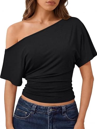 Trendy Queen Off the Shoulder Tops for Women 2026 Summer Short Sleeve Shirts Casual Cute Spring Clothes Y2k T Shirts - Image 1