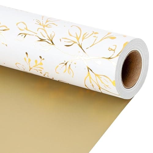 LaRibbons Reversible Wedding Wrapping Paper - Gold and White Botanical Foil Design for Wedding, Bridal Shower, Anniversaries, Engagement, 17 Inch x 33 Feet Elegant Design for Luxury Gifts - Image 1