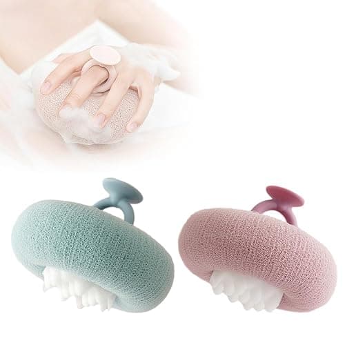 Cecurpo Super Soft Sunflower Suction Cup Bath Ball, 2024 Upgraded 2-in-1 Sunflower Bath Ball Exfoliating Bath Sponge Cleaning Brush, Sponge Mesh Pouf Shower Ball for Women, Men Shower (Purple+Green) - Image 1