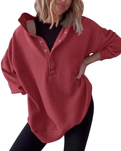 Gacaky Womens Oversized Sweatshirts Casual Button Henley Neck Long Sleeve Pullover Fleece Loose Fit Fall Tops Fashion Outfits - Image 1