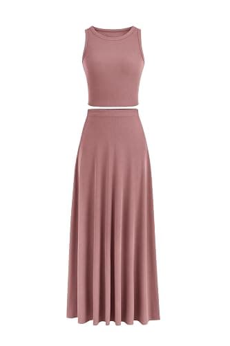 PRETTYGARDEN Women's 2 Piece Maxi Skirt Sets Casual Summer Knit Cropped Tank Top High Waisted Long Skirts Outfit - Image 1