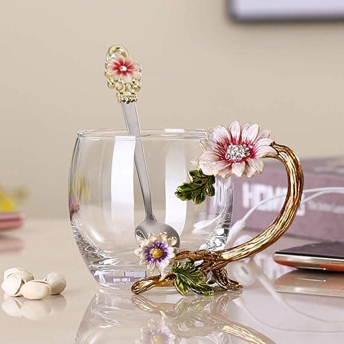 JY-Danbady Enamel Sunflower Crystal Lead-Free Glass Tea Cup with Spoon Set, Present for The Christmas, Valentine's Day.Best Present for Mother, Grandma, Girlfriend, Sister. - Image 1