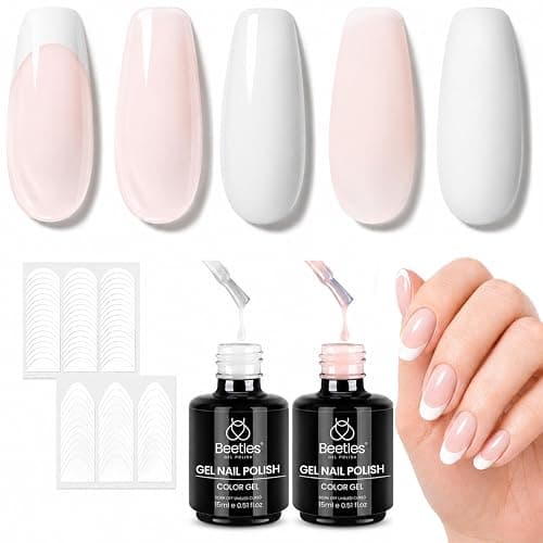 Beetles French Tip Gel Polish Set, White Nude Pink French Manicure Kit | 2 Nail Art Stickers for Diy Uv/Led Manicures At Home Or Salon, Suitable for Adding Quick Accent Designs - Image 1