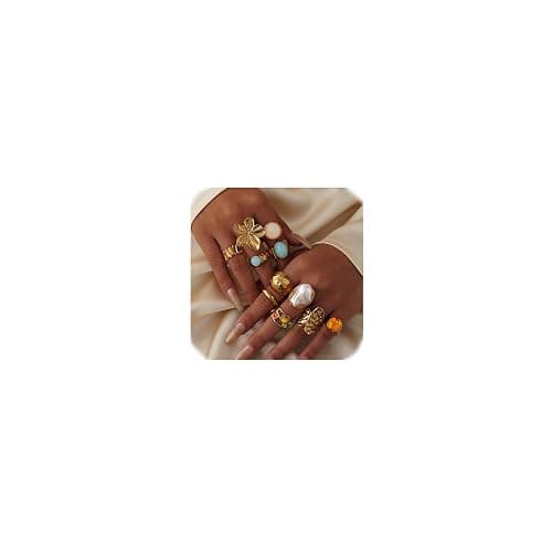 UYY Chunky Gold Rings for Women Non Tarnish, Baroque Pearl Flower Tiger's Eye Stone Rings Adjustable Stacking Statement Rings Set Fashion Jewelry Gifts - Image 1