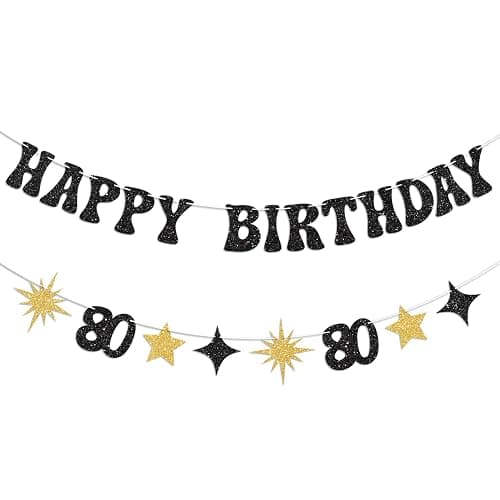 Vofrise Black Gold Happy 80th Birthday Banner Pre-Strung 80th Birthday Decorations for Women Men Glitter Star Cheers to 80 Years Old Birthday Decorations Eighty Bday Party Supplies - Image 1