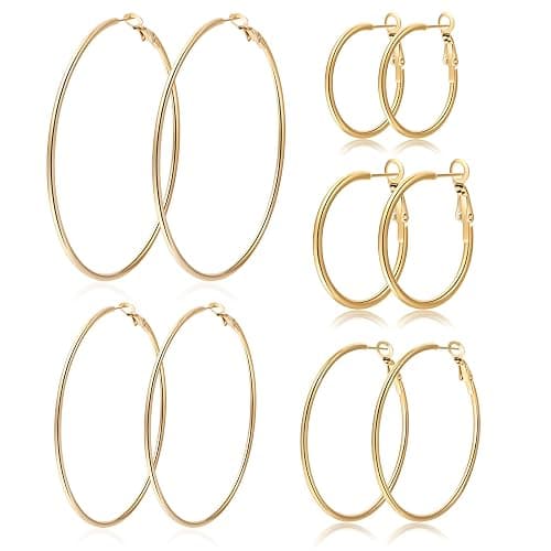 PABBEU 6Pairs Gold Hoop Earrings Large 316L Stainless Steel Earrings Lightweight 14K Gold Plated Earrings Hypoallergenic Big Thin Gold Earrings for Women Girls Boucle Doreille Femme 30/40/50/60/70mm - Image 1