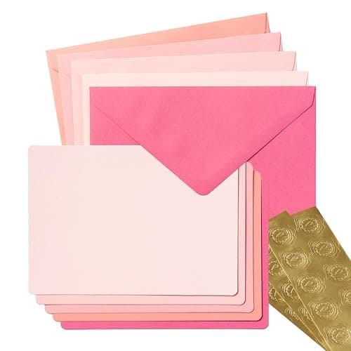 Wishop 25 Pieces A7 Colored Envelopes with Cards and Stickers Set 5 Colors for Weddings, Invitations, Birthday, Baby Shower, 5x7 inches (Pink 5Colors) - Image 1