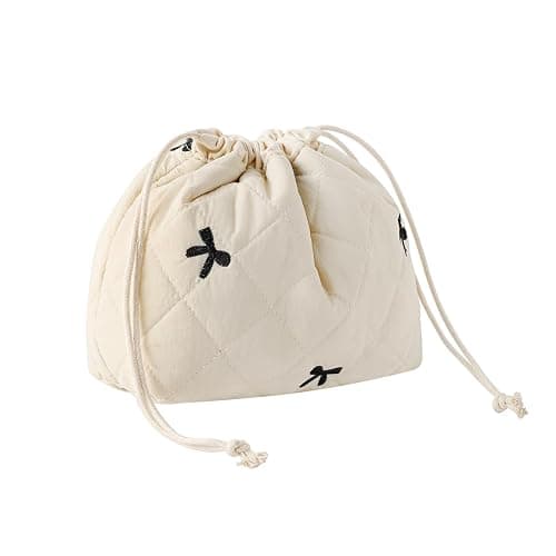 Cotton Quilted Drawstring Makeup Bag with Canvas Lining,Coquette Aesthetic Cute Travel Toiletry Bag,Drawstring Gift Bag for Women and Girls(05Beige Bows) - Image 1