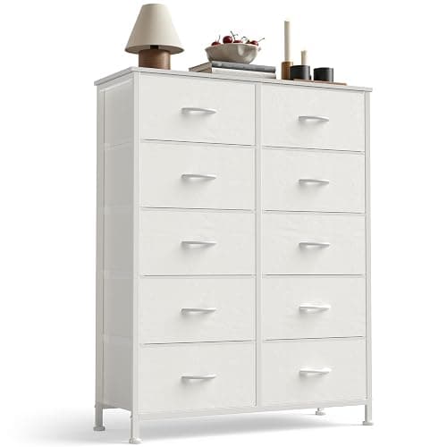 Sweetcrispy 10 Drawer Fabric Dresser Storage Tower with Bins, Tall Chest Organizer for Bedroom Closet Hallway, Steel Frame Wood Top Easy Pull Handles,White - Image 1