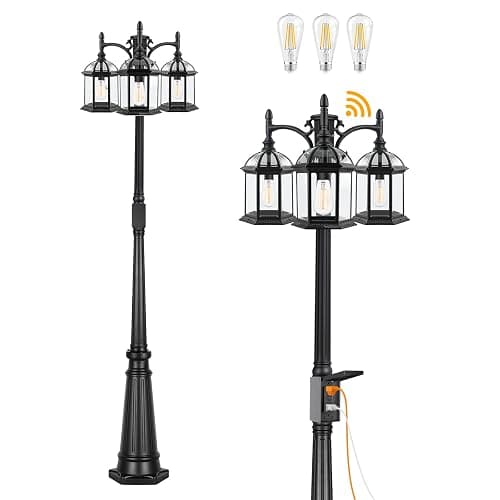 Dusk to Dawn Outdoor Lamp Post Light with GFCI Outlet, Triple Head Aluminum Street Light Post for Outside with Sensor, Waterproof Birdcage Pole Lighting Fixture for Backyard Garden Patio Driveway - Birdcage Black - Image 1