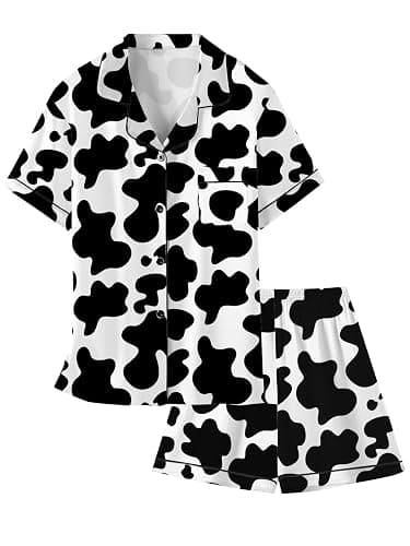 Girls & Womens Satin Pajamas Set, Silk Button-Down Sleepwear 2 Piece Nightwear, 3 Years - Women XXL - Black Cow Print - 7-8 Years - Image 1