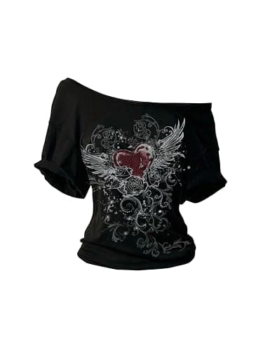 SweatyRocks Women's Goth Graphic Tees Off The Shoulder T Shirt Y2k Tops | Short Sleeve Trendy Tops, Party Club Night Out, Gothic Clothes, Goth Grunge Y2k Rave Tops Shirts - Image 1