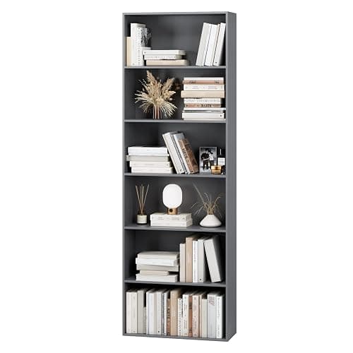 FOTOSOK 6-Tier Open Bookcase and Bookshelf, Freestanding Display Storage Shelves Tall Bookcase for Bedroom, Living Room and Office, Dark Gray - Image 1