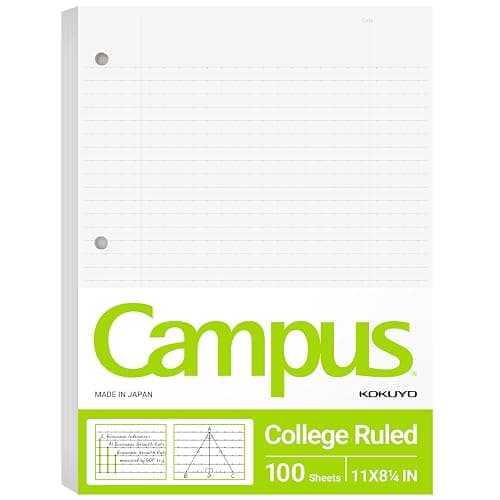 Kokuyo 3 Hole Loose Leaf Paper 8-1/4"x11” College Ruled, 100 Sheets, 1 Pack | Filler Paper for 3 Ring Binder Bleed Resistance Notebook Paper, 70 GSM Japanese Smooth Paper School Suppliers 100 Sheets/Pack - Image 1