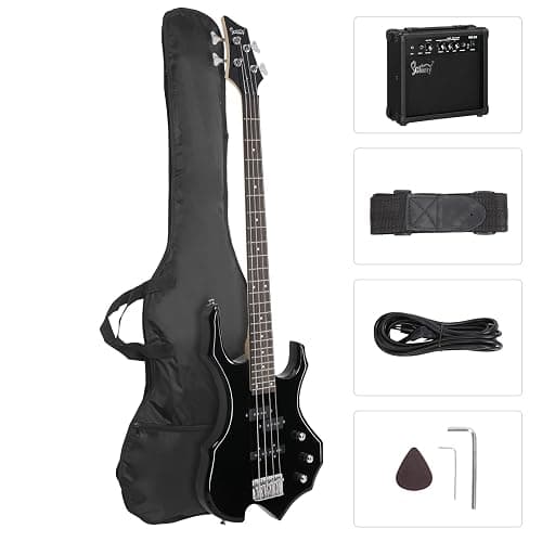 GLARRY Electric Bass Guitar 4 Strings Buring Fire Style Single Coil - Split Single Coil Pickups for Beginner Adults Right Hand w/ 20W Amp, Bag, Strap and Cord (Black) - Image 1