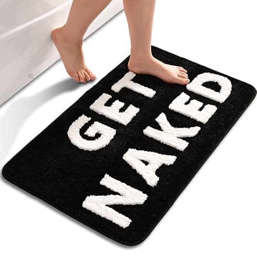QJHOMO Get Naked Bath Mat Cute Black and White Bathroom Rugs Funny Non Slip Bathtub Decor Mats Super Absorbent Floor Carpet Machine Washable Bahtmat for Tub, Shower, Bedroom (16x24 inch) - 1'4" x 2' (Rectangular) - Black and White - Image 1