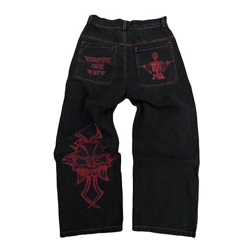 Y2K Jeans Men's Hip Hop Vintage Skull Embroidery Wash Denim Pants Gothic Straight Tube Loose Wide Leg Pants - Image 1