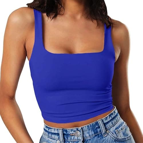 Artfish Women's Sleeveless Strappy Tank Square Neck Double Layer Workout Fitness Casual Basic Crop Tops - Large - Royal Blue - Image 1