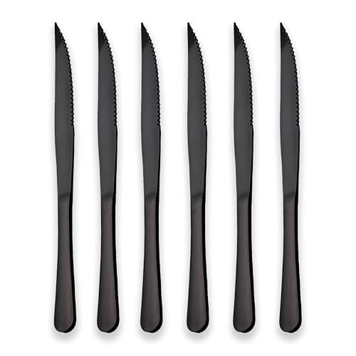 Berglander Black Titanium Plating Stainless Steel Steak Knives Heavy-Duty Stainless Steel Steak Knife Set of 6 for Chefs Commercial Kitchen Great For BBQ Weddings Dinners Parties All Homes & Kitchens - Black 6 steak knife - Image 1