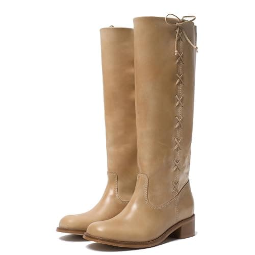 VOLEECE Women's Knee High Boots Side Laces Round Toe Chunky Low Heel Long Boots Comfortable Pull On Tall Boot for Fall Winter - 8 - Light-camel - Image 1