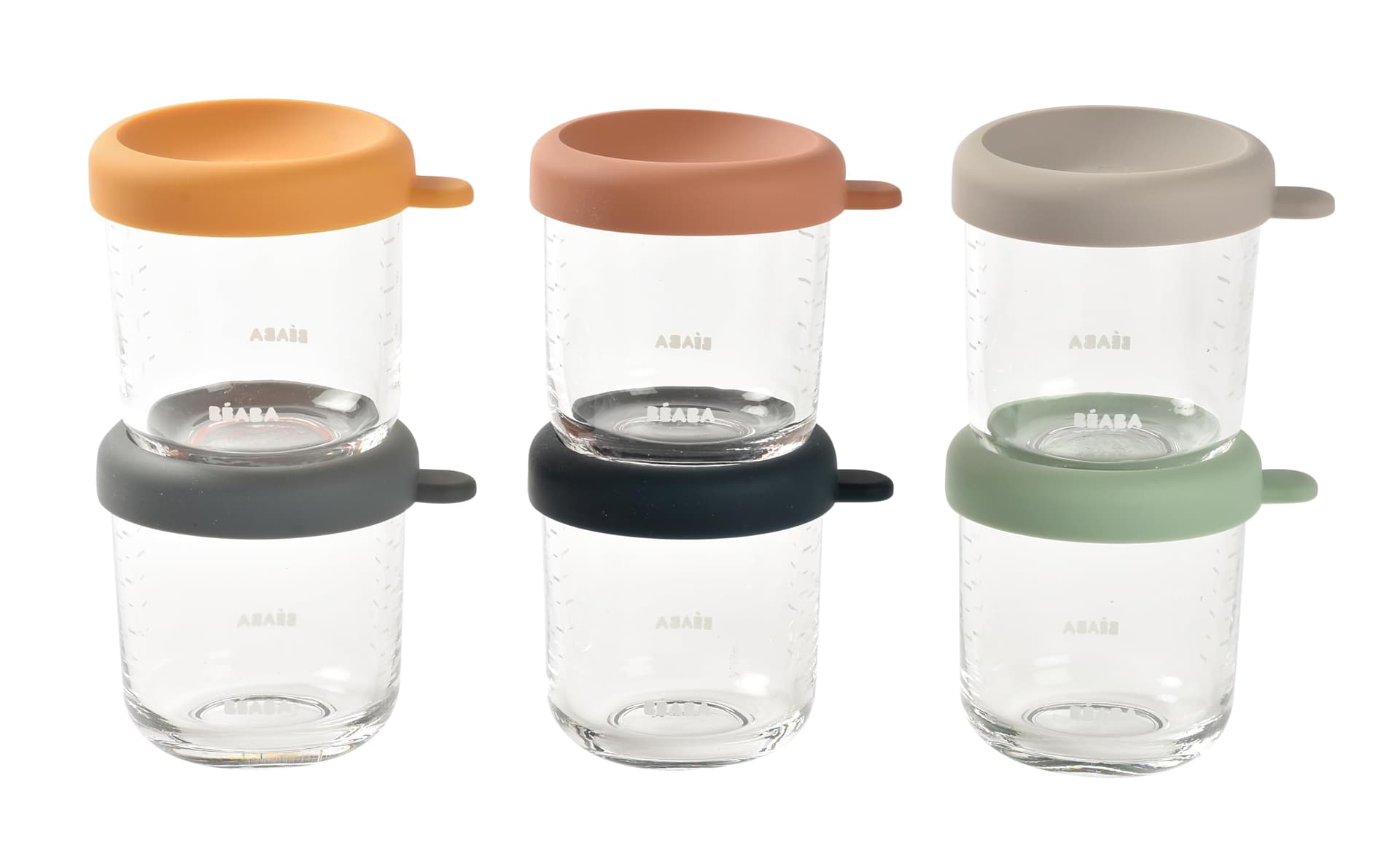 Beaba Pack of 6 Glass Baby Food Storage Jars 150ml - 100% Airtight Lids, Freezer & Steriliser Safe, Heat & Cold Resistant, Graduations, Small Glass Containers for Baby Puree Storage (Sunrise) - Image 1