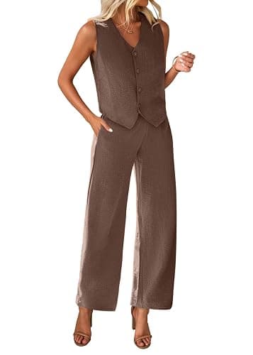 KIRUNDO Womens Two Piece Outfits Summer Fashion Button V Neck Crop Vest Blazer and Wide Leg Pants Suit Matching Sets - Image 1