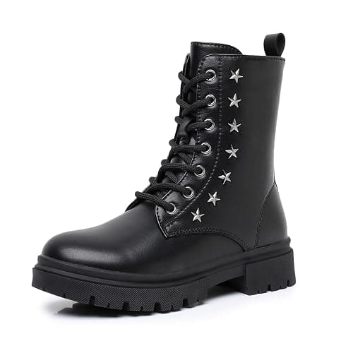 Ahannie Girls Combat Boots Kids Black Boots with Side Zipper | Easy On/Off, Cushioned Comfort, Lace-Up for Fit, Cute Star Detail - Image 1