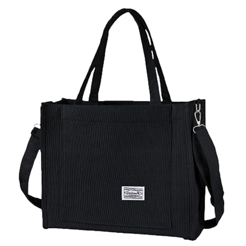 BROADREAM Sacs fourre-tout en velours pour femmes - Sac cabas en velours côtelé avec fermeture zippée,Tote Bag de grande capacité pour école, travail, shopping(L-Noir) - Image 1