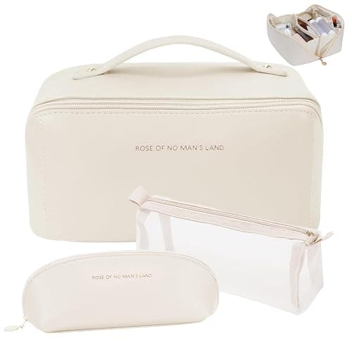 zaleeta 3 Pcs Travel Makeup Bag Portable Large Capacity Cosmetic Bags for Women Open Flat Makeup Case Organizer Bag Set of 3 Waterproof PU Leather Toiletry Bags with Divider and Handle (White, Medium) - Image 1