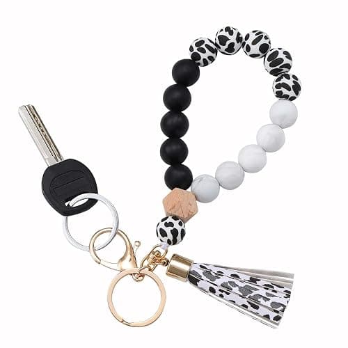 BAOSIWA Silicone Key Ring Bracelet Wristlet Keychain Unique Beaded Bangle Key Chains for Women with Leather Tassel - Image 1