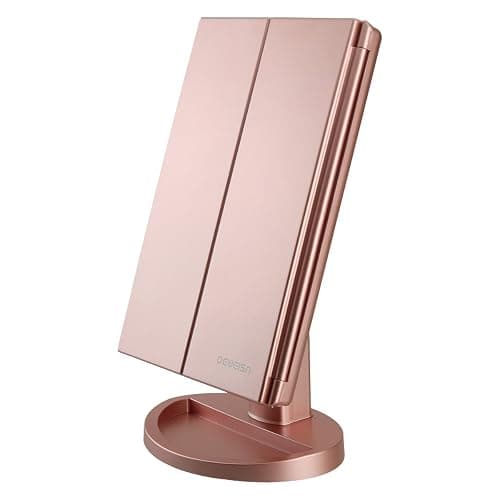 deweisn Dresser Mount Tri-Fold Lighted Vanity Mirror with 21 LED Lights, Touch Screen and 3X/2X/1X Magnification, Two Power Supply Modes Make Up Mirror,Travel Mirror - Image 1