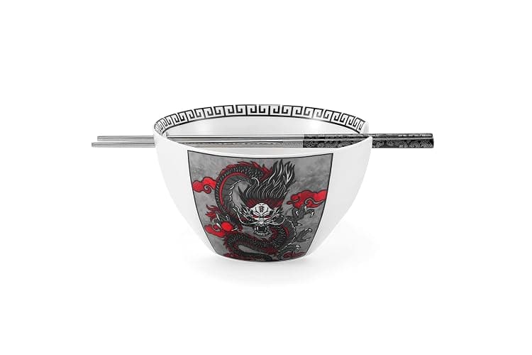Hagary Dragon Ceramic Bowls Japanese Korean Soup Bowl Pasta Salad Dessert Serving Bowls Housewarming Wedding Gifts Designed in Korea (With Chopsticks) (Black, 20 oz - 1pc) - Image 1